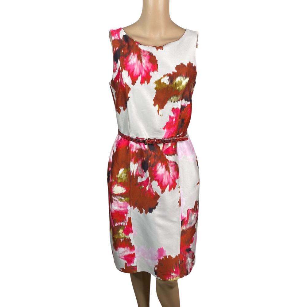 Max Mara Cotton Silk Watercolor Dress Red Snakeskin Belt Luxury Italian Sheath